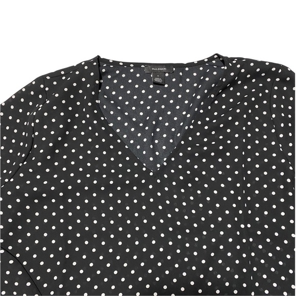 NWT Nordstrom Halogen V-neck Long Sleeve Polka Dot Black Ivory Petite Dot Blouse - Picture 2 of 11
